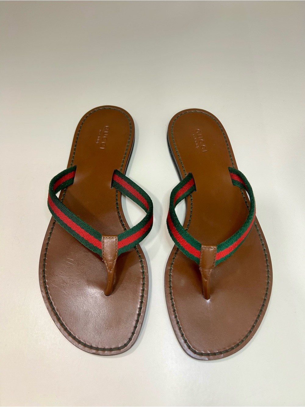 Gucci Web Leather Sandal Stripe Flip Flop Flat Authentic